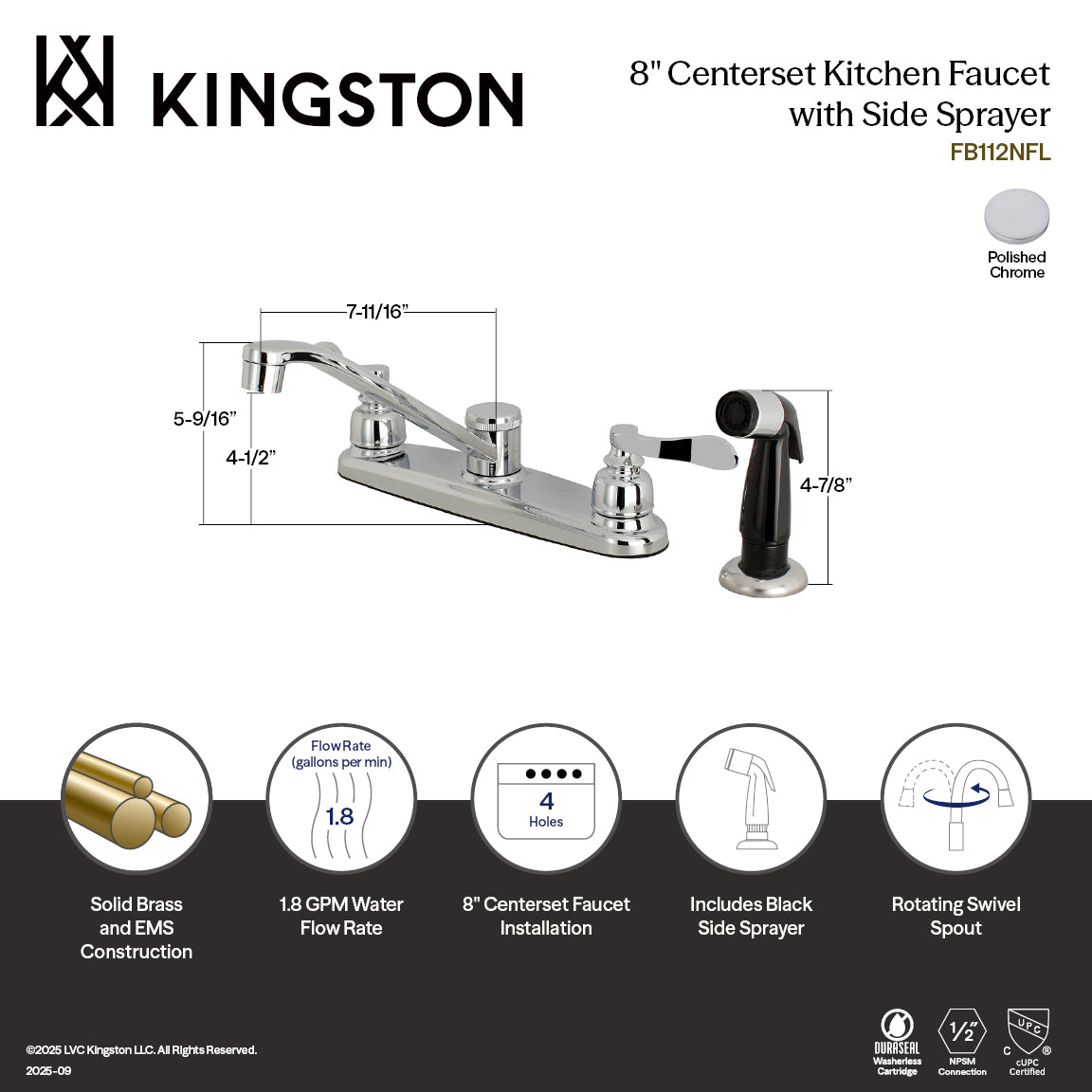Kingston Tulare FB112NFL - NuWave French Two-Handle 4-Hole 8" Centerset Kitchen Faucet with Side Sprayer, Polished Chrome — thumbnail 2